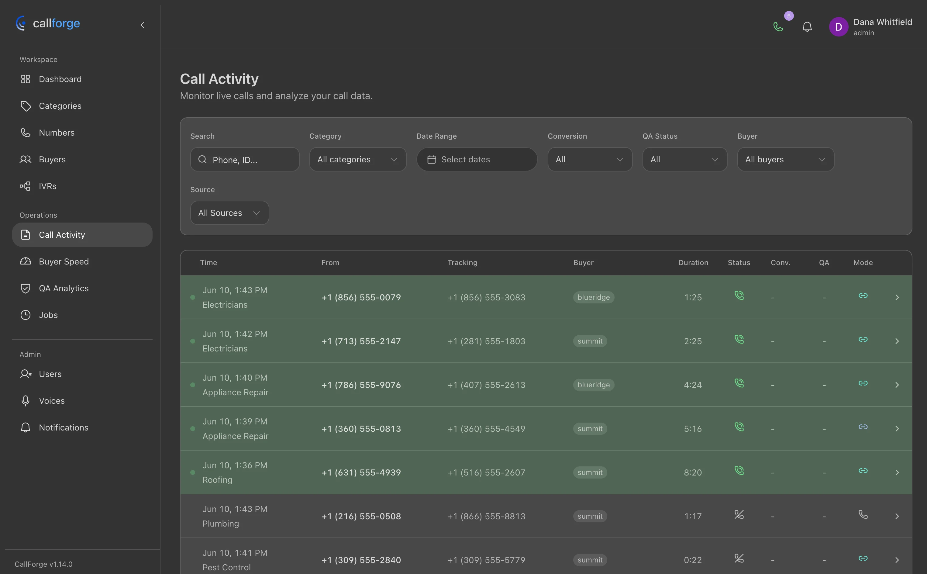 CallForge call log with real-time inbound call activity