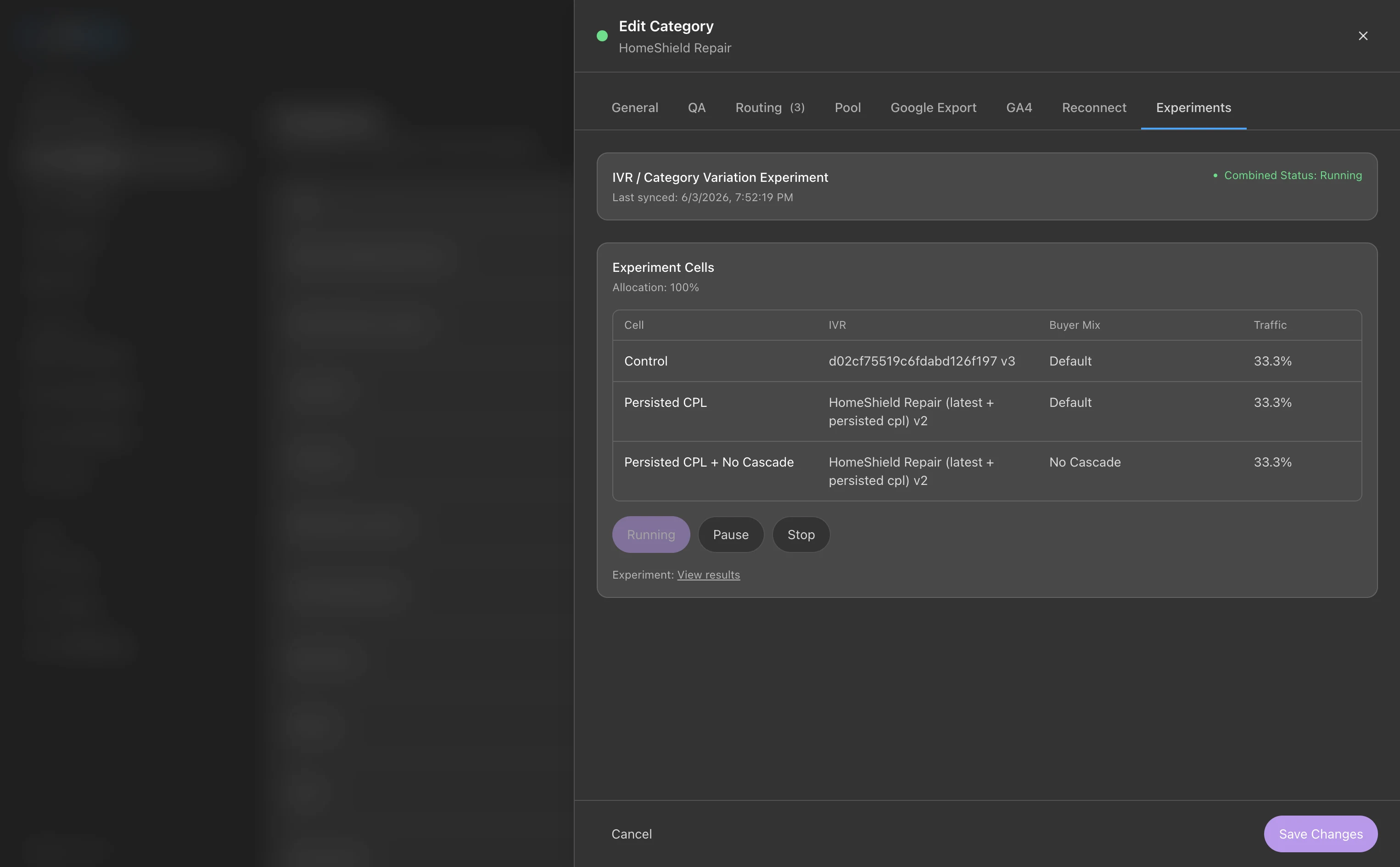 CallForge A/B experiment splitting traffic across IVR and routing variations